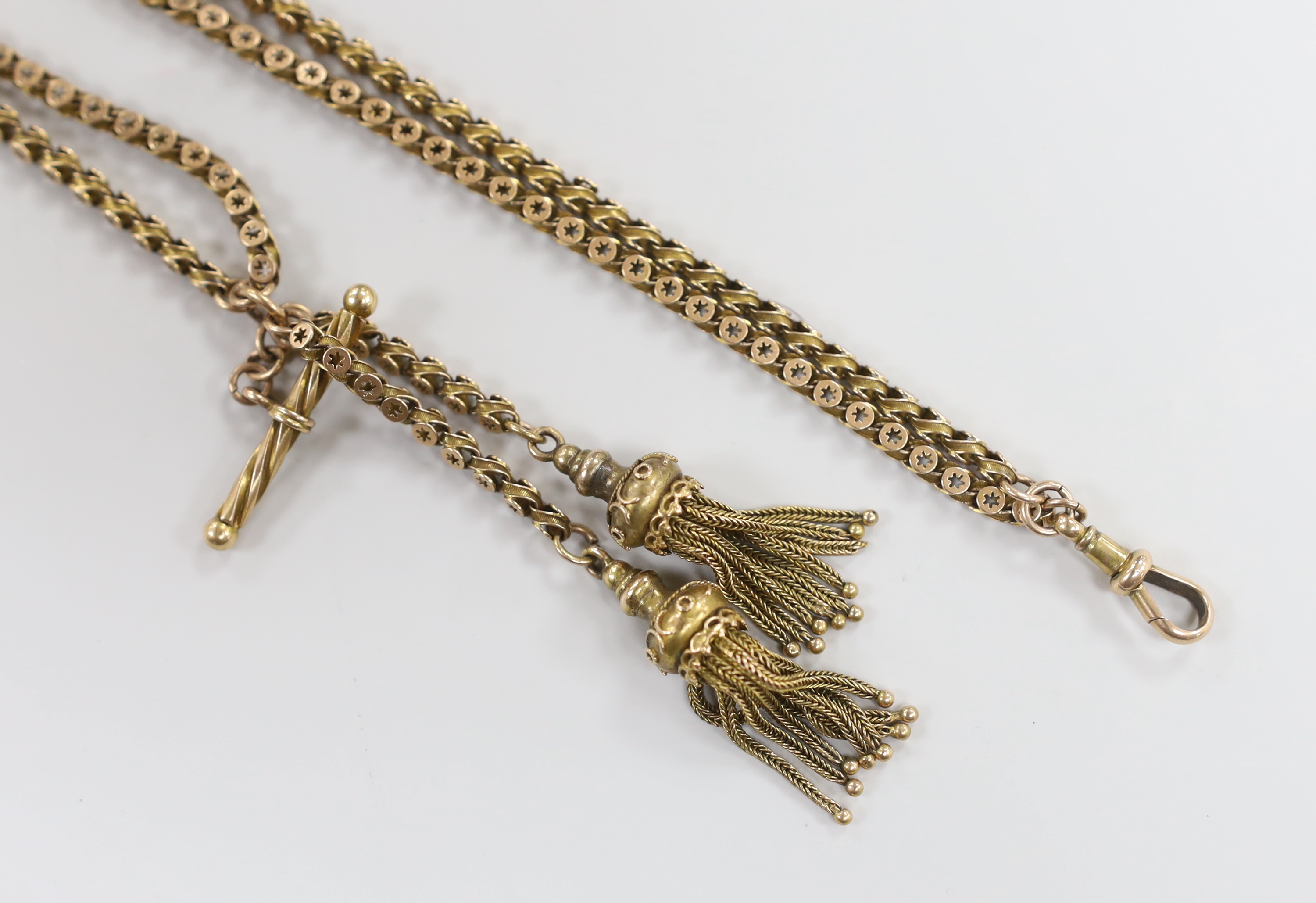 An Edwardian pierced 15c fancy link double strand albertina, with tassel drops, 38cm, 27.9 grams.